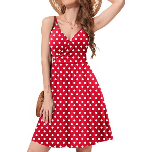 Dresses & Skirts - Women's White Dot Red V Neck Spaghetti Strap Flowy Mini Dress with Pockets